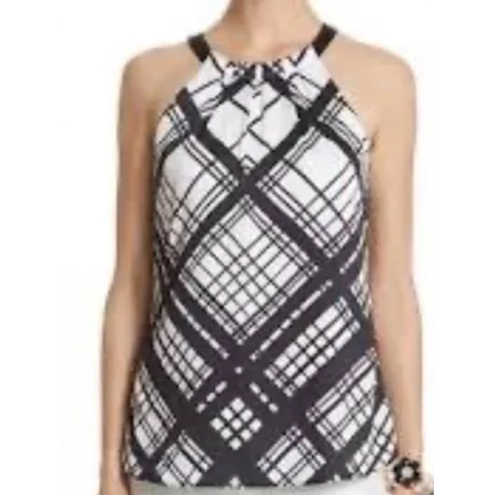 White House Black Market B&W Windowpane Halter Neck Top Cami Blouse L